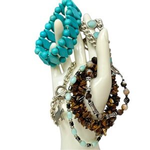 Bracelet Lot Turquoise Style, Beaded, Silver Tone, Tiger’s Eye Set of 6 Boho